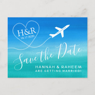 Carte Postale Faire-part Mariage sur la Plage Teal Blue Ombre Enregistrer l