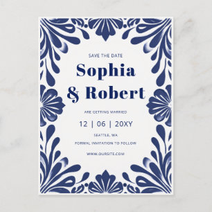 Carte Postale Faire-part Mariage Talavera bleu de la marine mexicaine Sauve