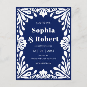 Carte Postale Faire-part Mariage Talavera bleu de la marine mexicaine Sauve