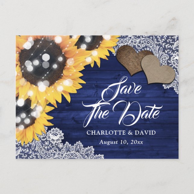 Carte Postale Faire-part Mariage Tournesol Bleu Marine Enregistrez La Date (Devant)