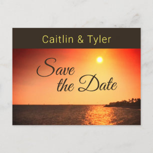 Carte Postale Faire-part Mariage Tropical sur la Plage au Coucher du Soleil