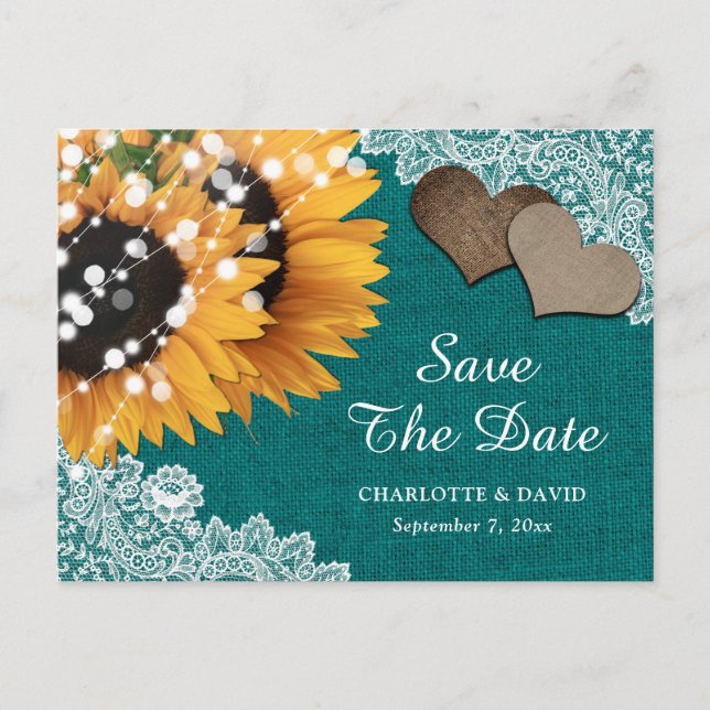 Carte Postale Faire-part Mariage turquoise Tournesol Enregistrer La Date Ca (Devant)