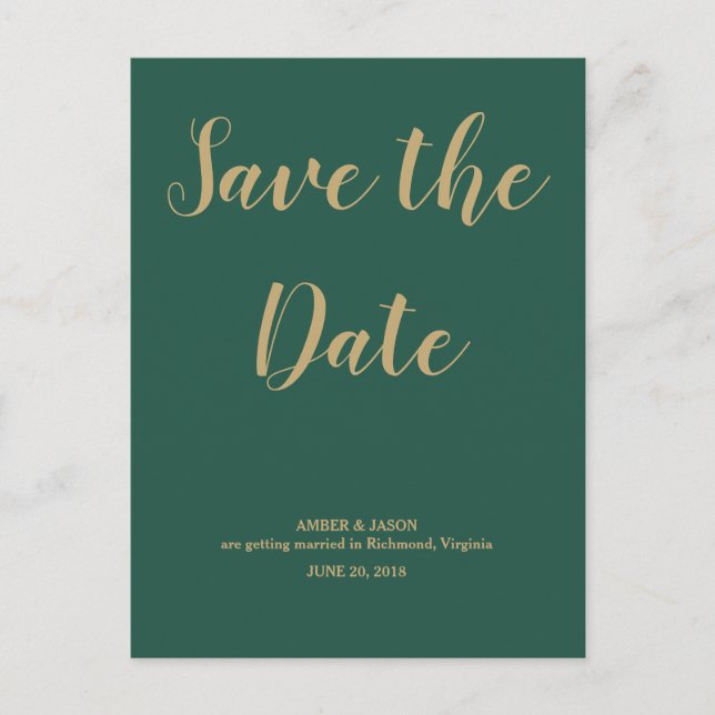 Carte Postale Faire-part Mariage vert et or Enregistrer la date (Devant)