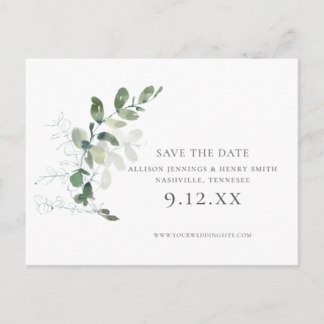 Carte Postale Faire-part Mariage vert Eucalyptus chic Enregistrer la date (Devant)