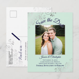 Carte Postale Faire-part Mariage Vert Menthe & Bleu Marine Enregistrez la D