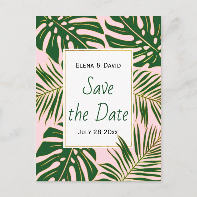 Carte Postale Faire-part Mariage vert tropical feuille rose Enregistrer la  (Devant)