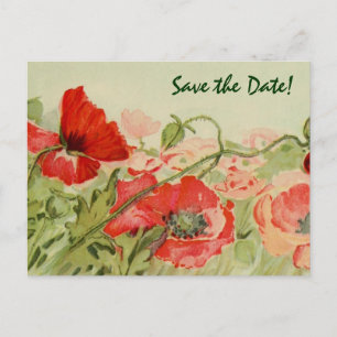 Carte Postale Faire-part Mariage Vintage, Fleurs de Coquelicots Rouges Enre