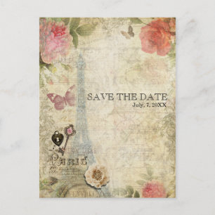 Carte Postale Faire-part Mariage Vintage Paris Roses Roses SAVE THE DATE