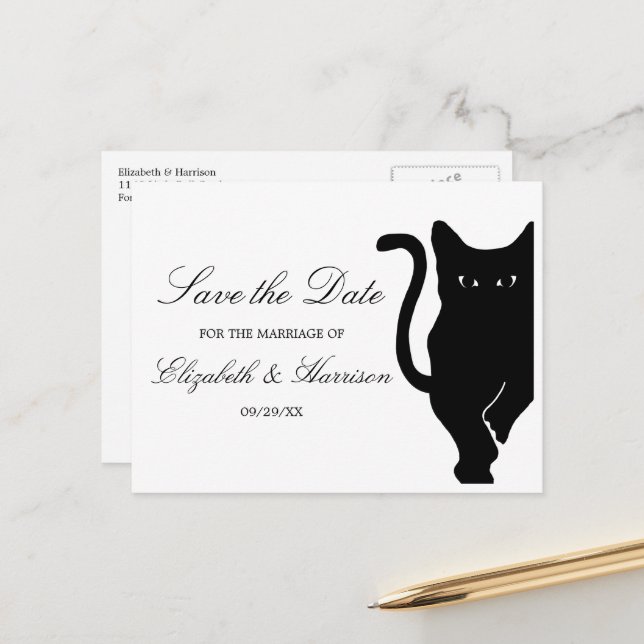 Carte Postale Faire-part Mariage Whimsical Noir Chat Moderne Enregistrer La (Devant/Arrière en situation)