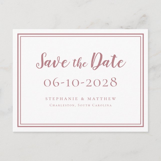 Carte Postale Faire-part Mariages Save The Date Rose Poussiéreux Simple Mod (Devant)