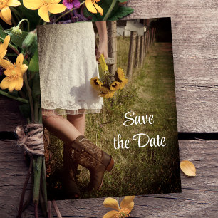 Carte Postale Faire-part Mariée Cowboy Boots Sunflower Wedding Enregistrer 