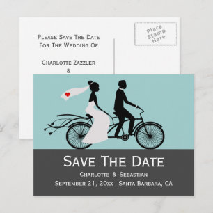 Carte Postale Faire-part Mariée et marié à vélo en tandem mignon Annonce de