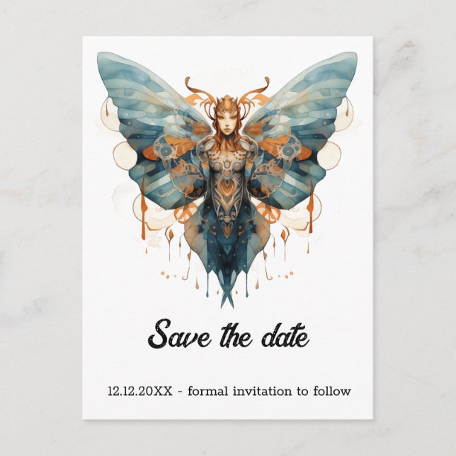 Carte Postale Faire-part Mariée Papillon Monarch Steampunk (Devant)