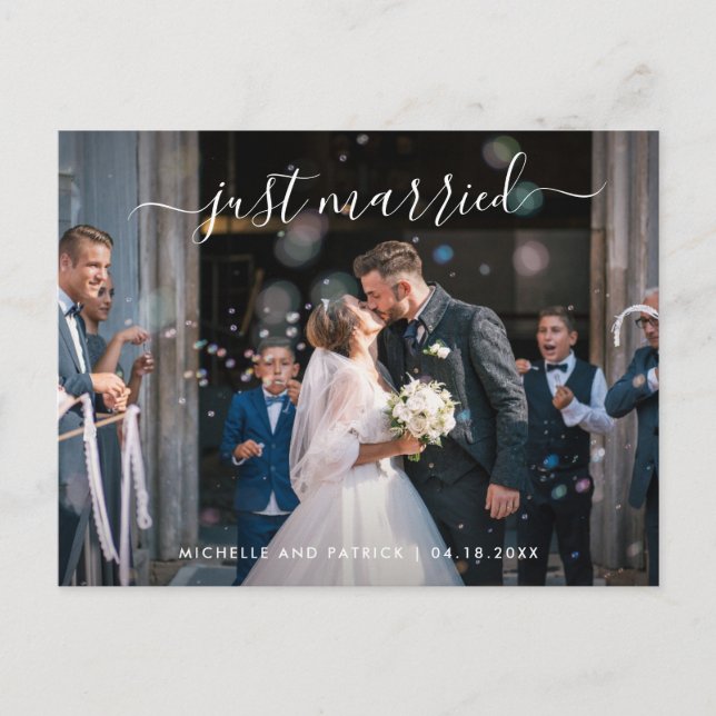 Carte Postale Faire-part Mariés à peine Élégant Script Photo Elopement (Devant)
