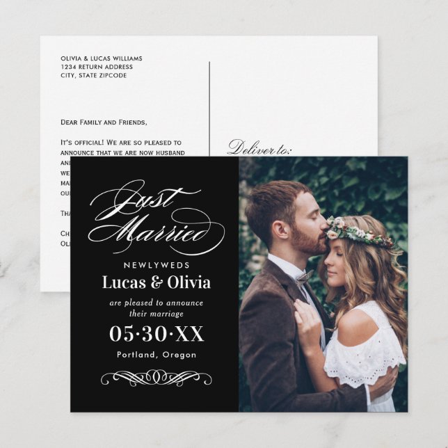 Carte Postale Faire-part Mariés tout juste Photo de mariage élégant en noir (Devant / Derrière)