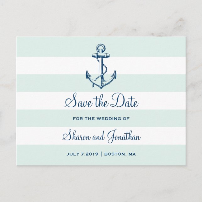 Carte Postale Faire-part Marine Ancre & Stripes Beach Wedding Enregistrer l (Devant)
