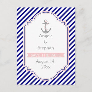 Carte Postale Faire-part Marine bleu, mariage nautique rose Enregistrer la
