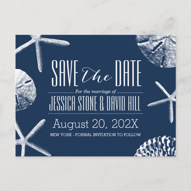 Carte Postale Faire-part Marine Blue Beach Seashells Mariage Sauvez la date (Devant)