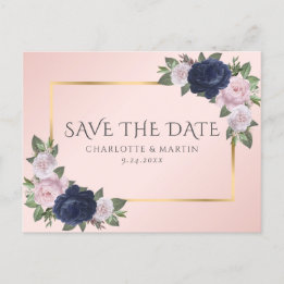 Carte Postale Faire-part Marine Blue Gold Blush Rose Floral Enregistrer La 