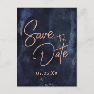 Carte Postale Faire-part Marine Blue & Rose Gold Wedding Enregistrer la dat