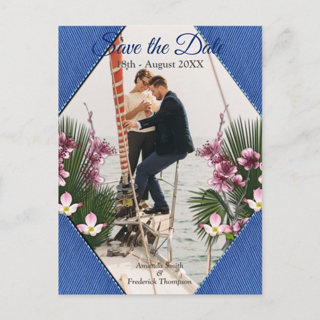 Carte Postale Faire-part Marine - Blue Textured & Pink Flowers Enregistrer  (Devant)