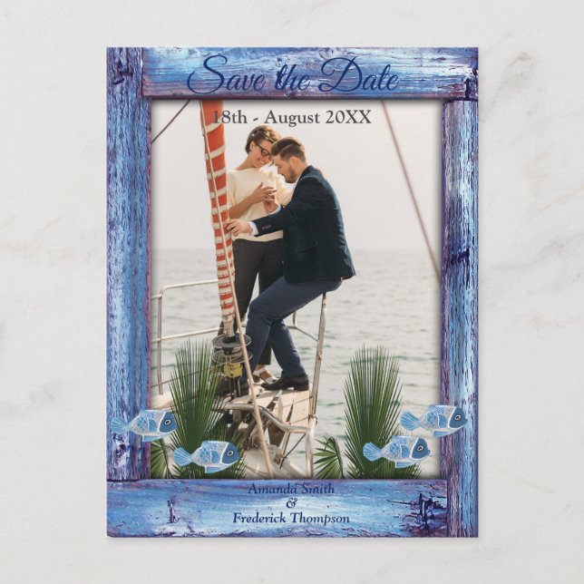 Carte Postale Faire-part Marine - Blue Textured Wood & fish Sauvez les date (Devant)
