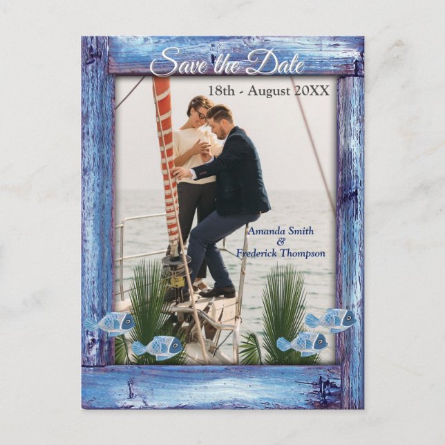 Carte Postale Faire-part Marine - Blue Textured Wood & fish Sauvez les date (Devant)