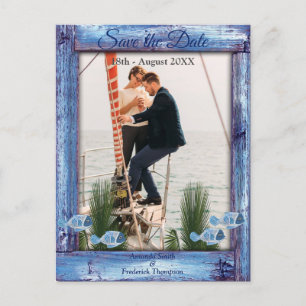 Carte Postale Faire-part Marine - Blue Textured Wood & fish Sauvez les date