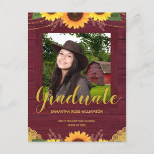 Carte Postale Faire-part Maron de tournesol rustique et Gold Photo Graduati