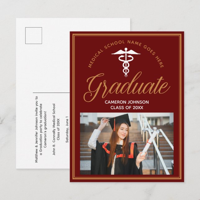 Carte Postale Faire-part Maroon Gold Médicale School Photo Graduation Party (Devant / Derrière)