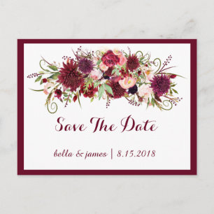 Carte Postale Faire-part Marsala Rouge Bourgogne Floral Enregistrer La Date
