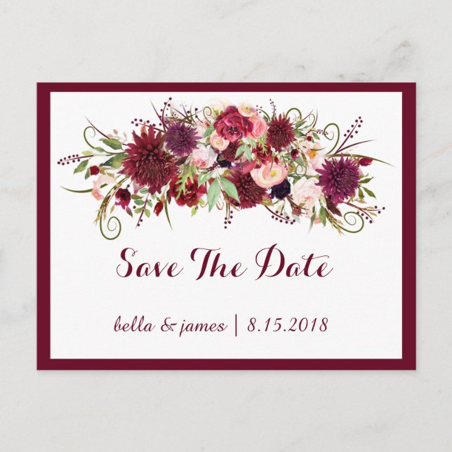 Carte Postale Faire-part Marsala Rouge Bourgogne Floral Enregistrer La Date (Devant)
