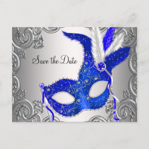 Carte Postale Faire-part Mascarade Bleu Royale Enregistrez La Date