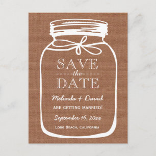 Carte Postale Faire-part Mason Jar Burlap Brown Enregistrer la date Mariage