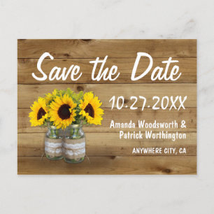 Carte Postale Faire-part Mason Jar Burlap Sunflower Mariage Enregistrer La