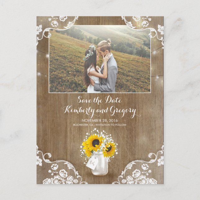 Carte Postale Faire-part Mason Jar et Sunflower Rustique Photo Enregistrer  (Devant)