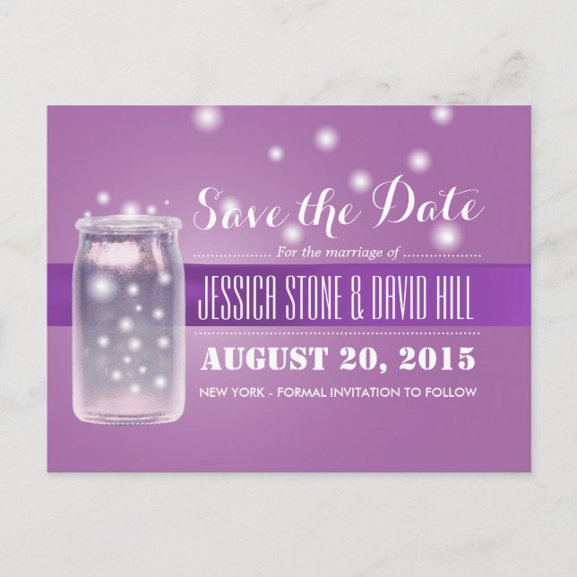 Carte Postale Faire-part Mason Jar & Fireflies Enregistrer la date violet (Devant)