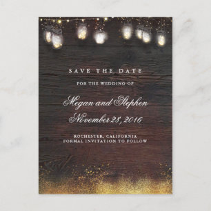 Carte Postale Faire-part Mason Jar Gold Lights Rustique Enregistrer la date