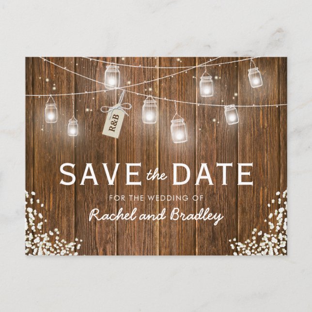 Carte Postale Faire-part Mason Jar Lights Rustic Babys Respire Enregistrer  (Devant)