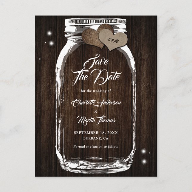 Carte Postale Faire-part Mason Jar Rustic Bois Burlap Mariage Enregistrer L (Devant)