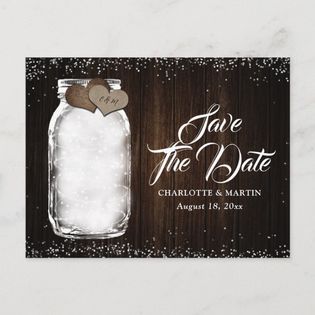 Carte Postale Faire-part Mason Jar Rustic Bois Burlap Mariage Enregistrer L (Devant)