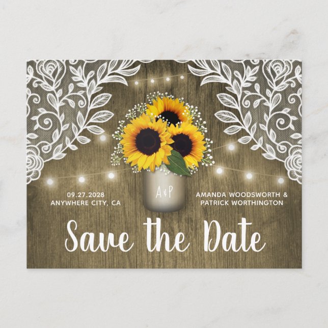 Carte Postale Faire-part Mason Jar Tournesol rustique Enregistrer la date C (Devant)
