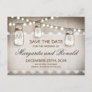 Carte Postale Faire-part Mason Jars et burlap Lace Enregistrer la date