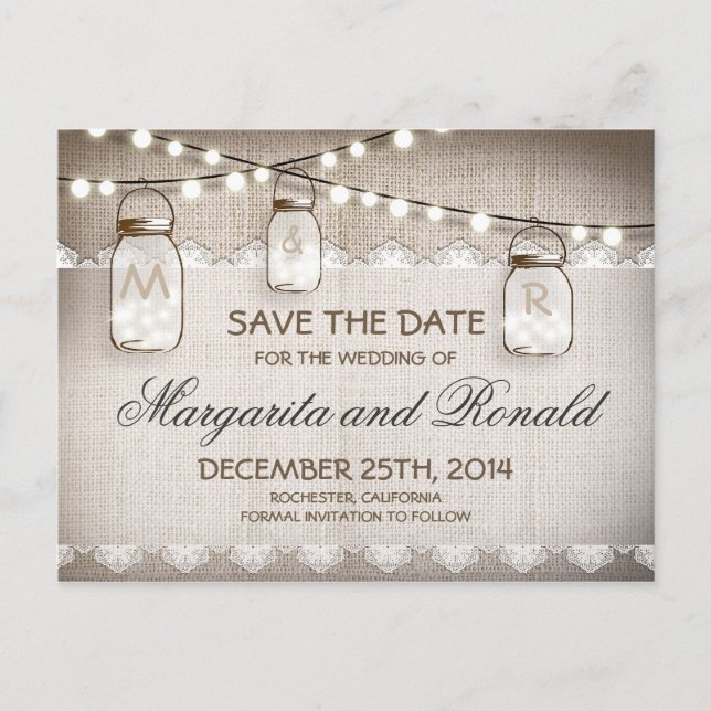 Carte Postale Faire-part Mason Jars et burlap Lace Enregistrer la date (Devant)
