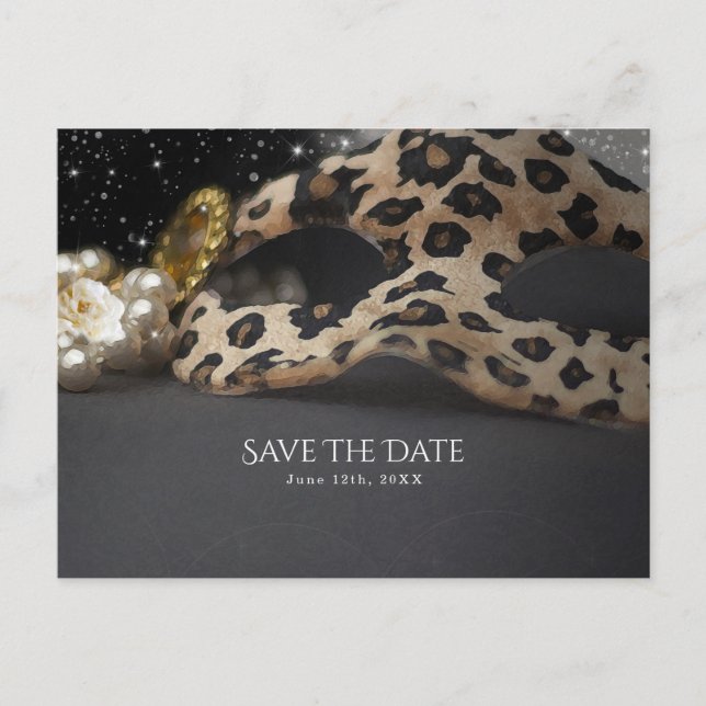 Carte Postale Faire-part Masque de mascarade léopard et perle Save the Date (Devant)