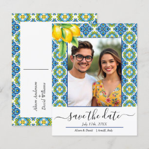 Carte Postale Faire-part Méditerrannée bleu et jaune citron mariage a