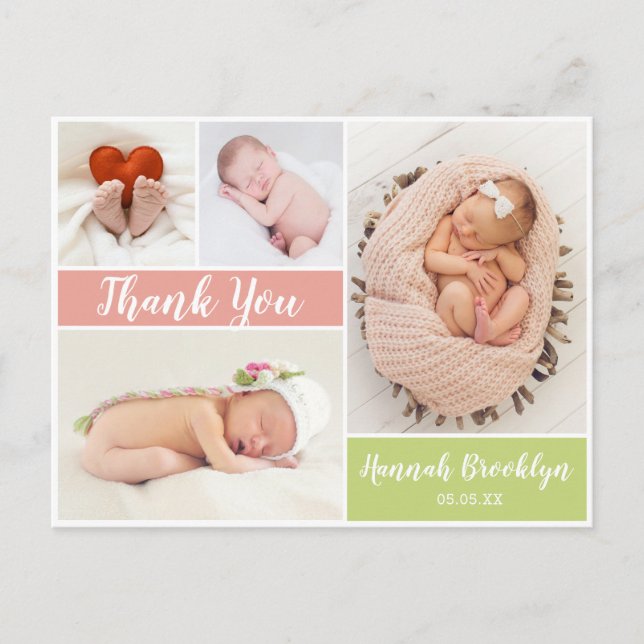 Carte Postale Faire-part Merci Calligraphie 4 Photo Collage Naissance (Devant)