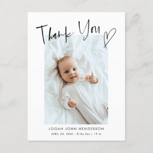 Carte Postale Faire-part Merci Coeur Décontracté Script bébé photo naissanc