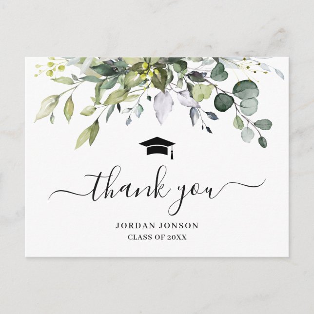 Carte Postale Faire-part Merci de graduation simple et élégant d'Eucalyptus (Devant)
