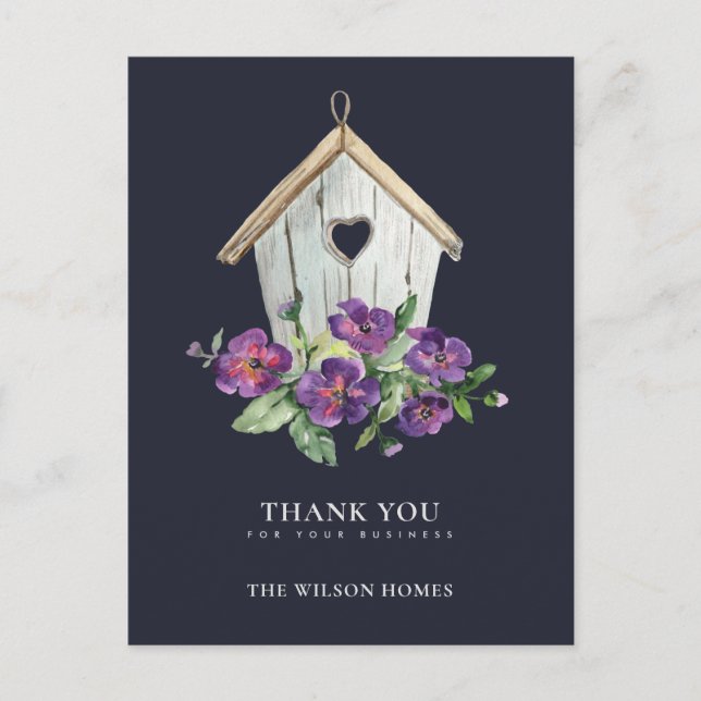 CARTE POSTALE FAIRE-PART MERCI DE RÉALTEUR DE MAISON D'OISEAUX FLORALE MARI (Devant)